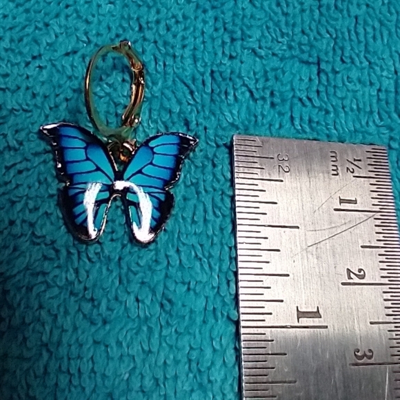 Goldtone blue butterfly wire dangle pierced earrings - Picture 2 of 3
